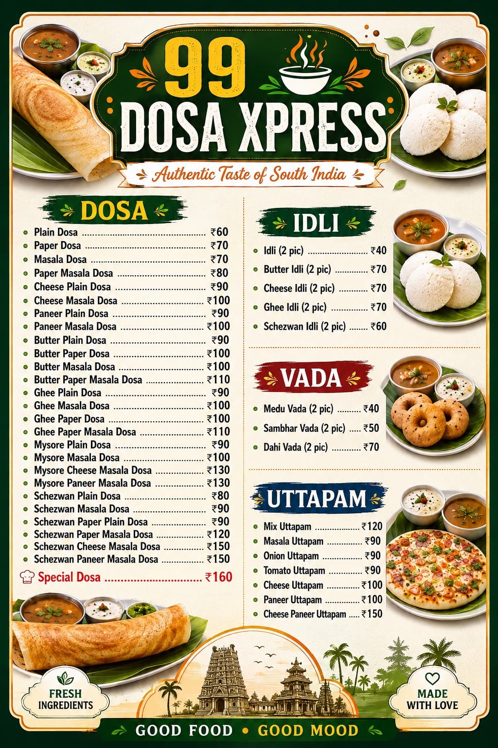 99 Dosa Xpress official restaurant printed menu card showing all dishes and prices
